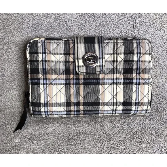 Vera Bradley Quilted TurnLock Wallet Perfectly Plaid with Floral Interior - Picture 2 of 10
